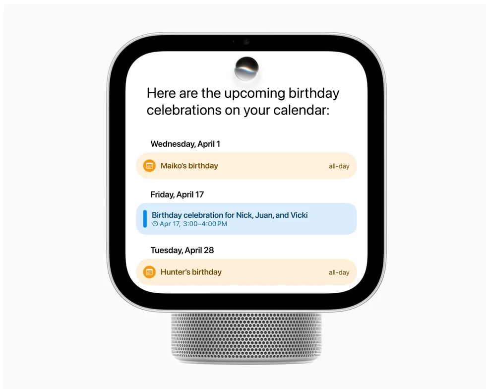 苹果演示 HomeView 上的 Siri AI 显示配对用户日历中的生日安排