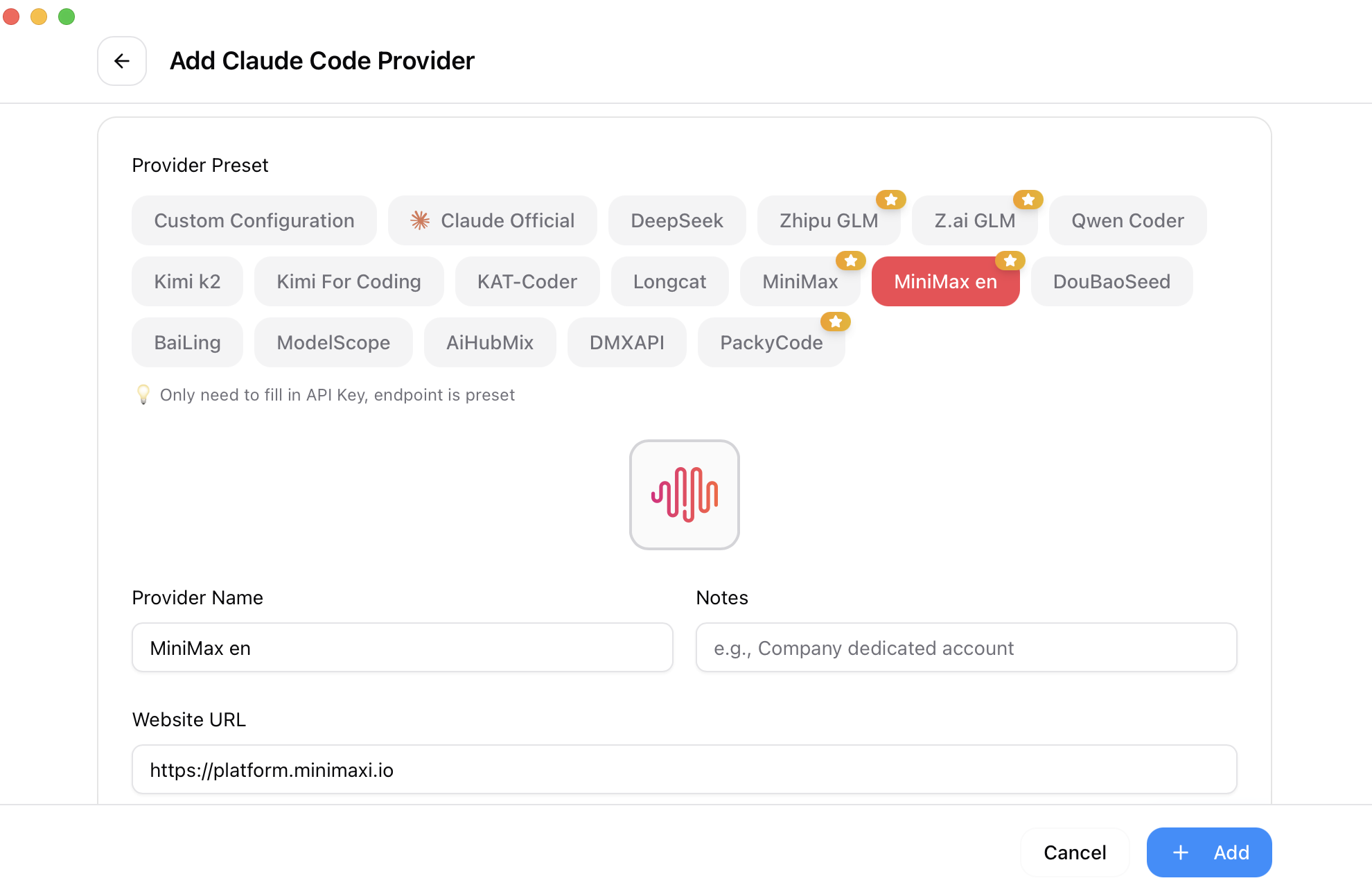CC Switch 官方仓库中的新增 Provider 截图