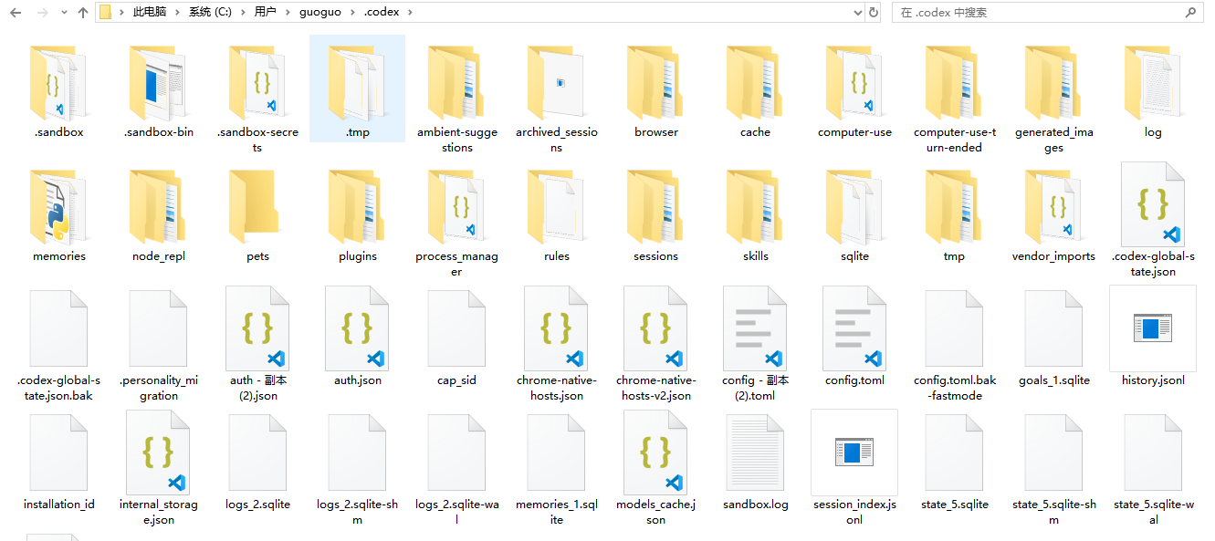 Windows 文件管理器中的 Codex 配置目录截图：C:\Users\guoguo\.codex 和 config.toml